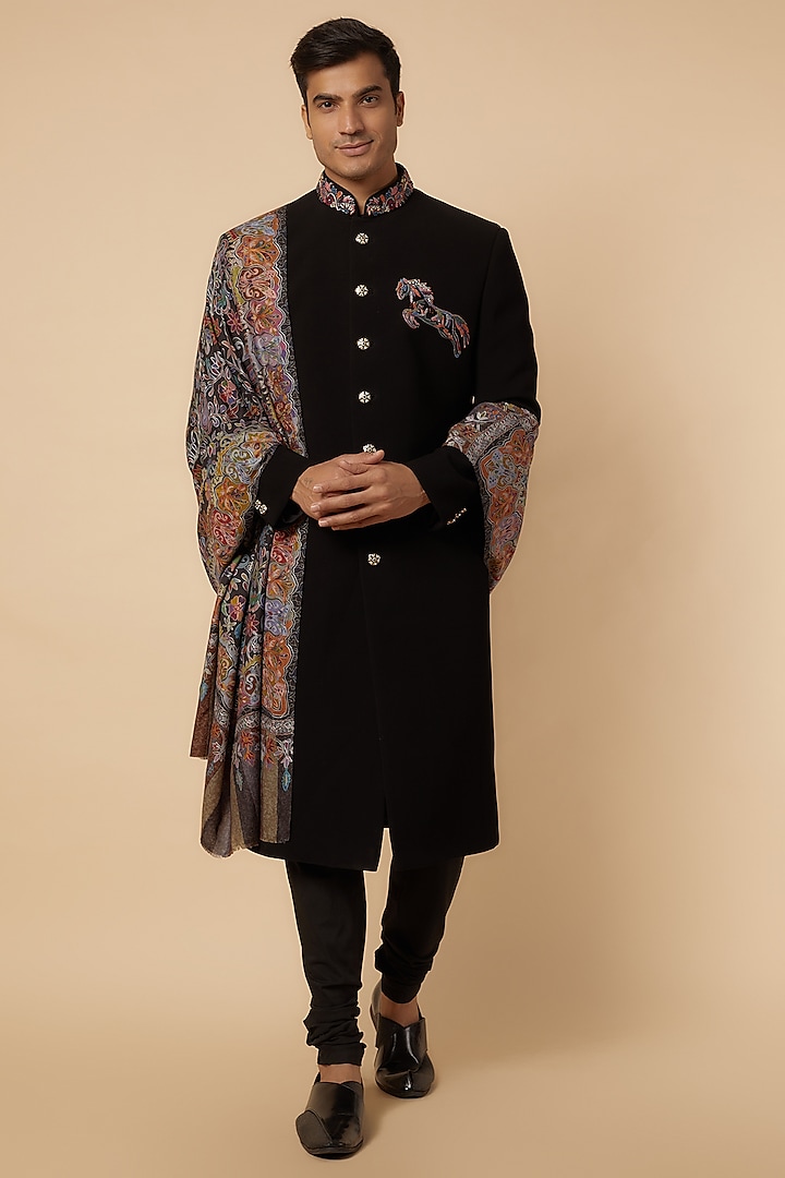 Black Polyester Textured Sherwani Set by Jayesh and Kaajal Shah