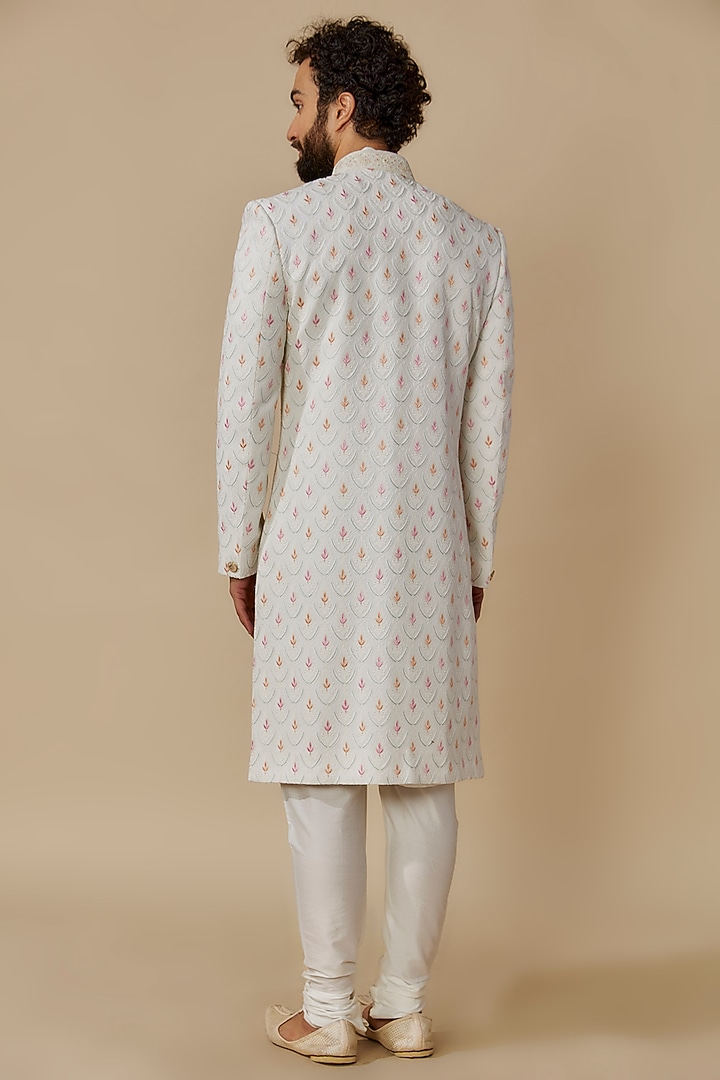 Ivory Raw Silk Wedding Sherwani Set by Jayesh and Kaajal Shah Men at Pernia's Pop Up Shop