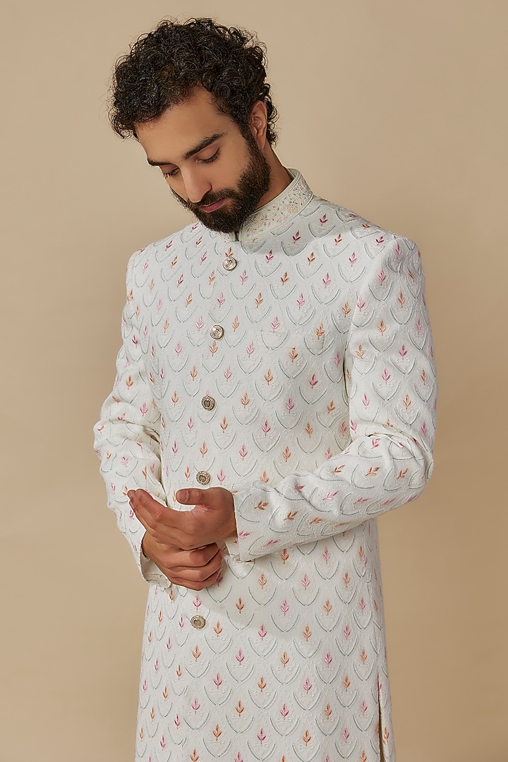 Ivory Raw Silk Wedding Sherwani Set by Jayesh and Kaajal Shah Men at Pernia's Pop Up Shop