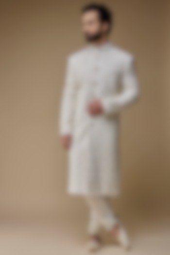 White Silk Embroidered Wedding Sherwani Set  by Jayesh and Kaajal Shah at Pernia's Pop Up Shop