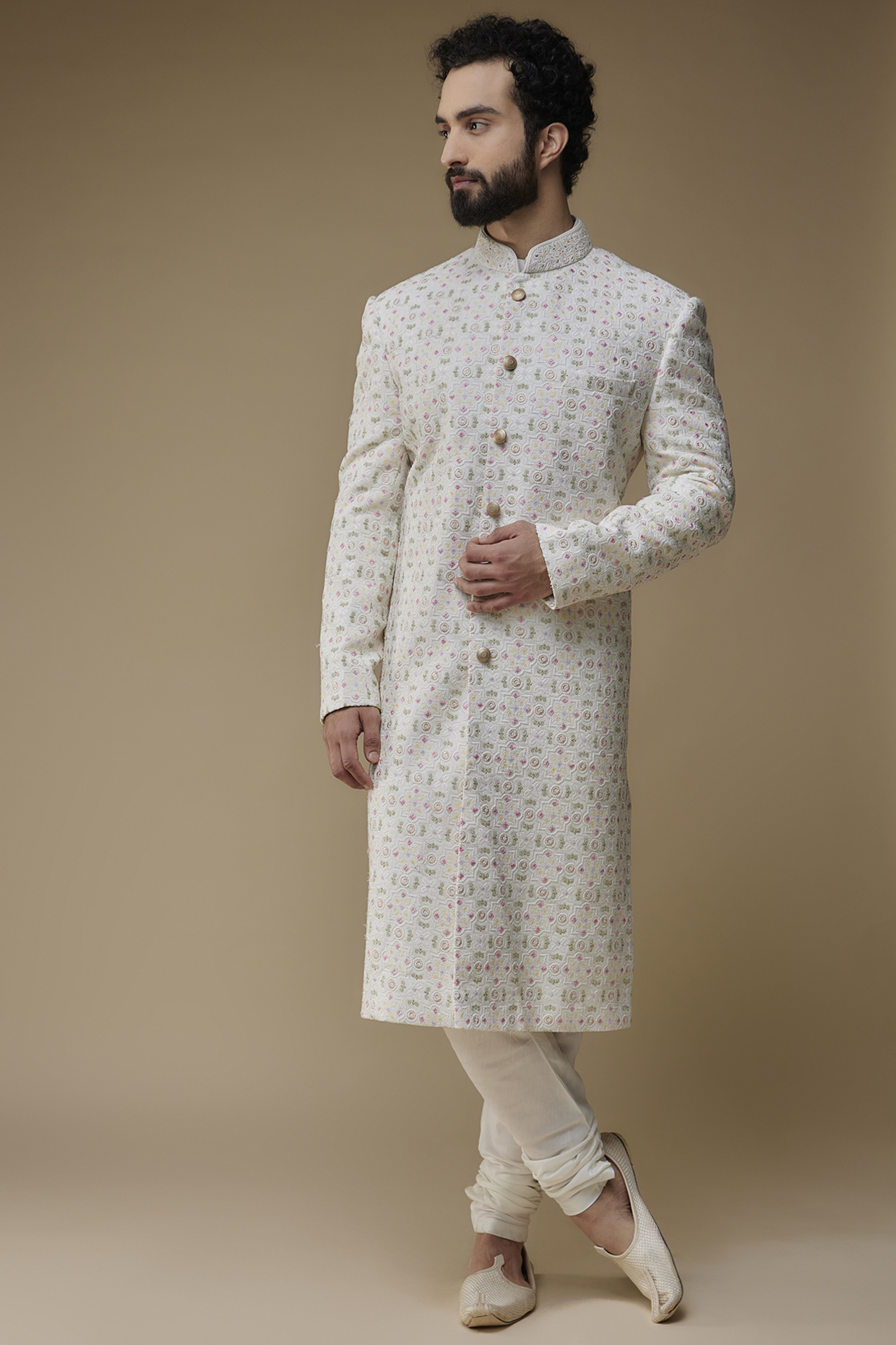 White Silk Embroidered Wedding Sherwani Set  by Jayesh and Kaajal Shah at Pernia's Pop Up Shop
