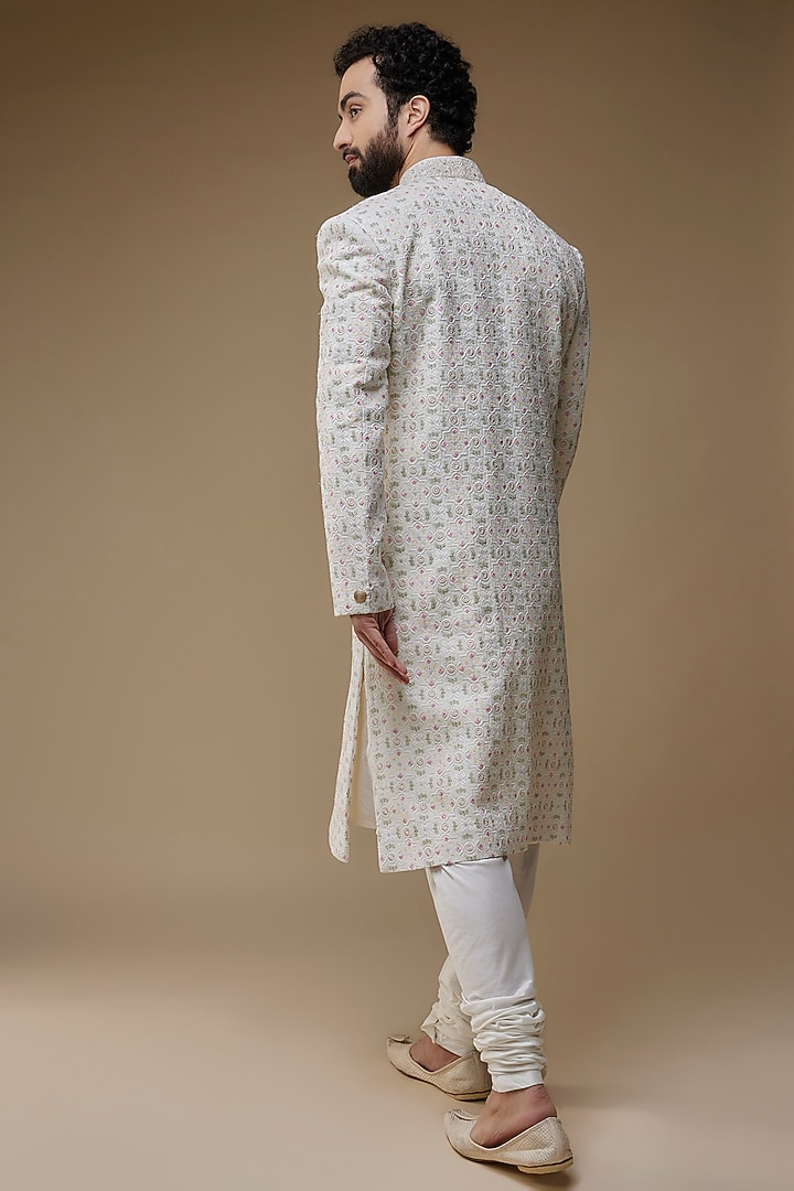 White Silk Embroidered Wedding Sherwani Set by Jayesh and Kaajal Shah Men at Pernia's Pop Up Shop