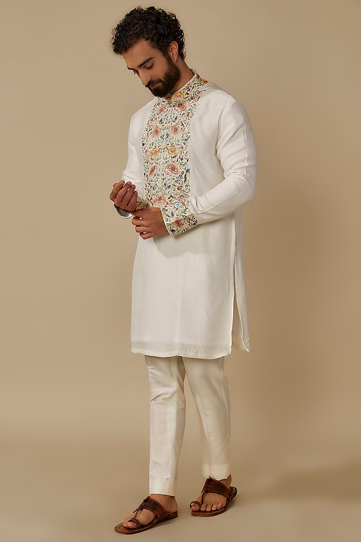 Ivory Linen Satin Kurta Set by Jayesh and Kaajal Shah