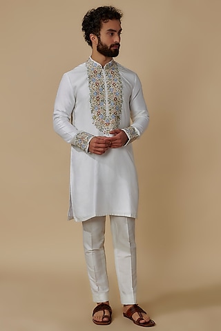 Ivory Linen Satin Embroidered Kurta Set by Jayesh and Kaajal Shah Men