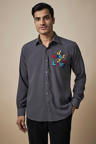 Grey Knitted Fabric Shirt by Jayesh and Kaajal Shah Men