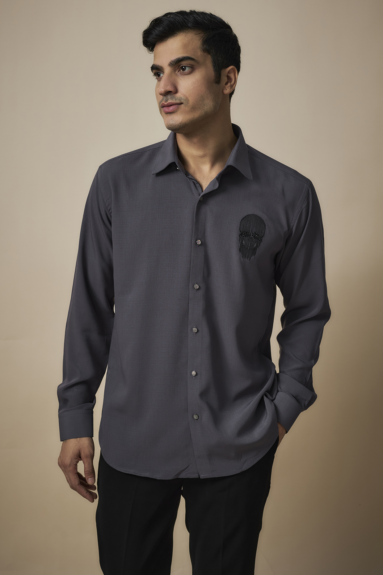 Grey Knitted Fabric Shirt by Jayesh and Kaajal Shah