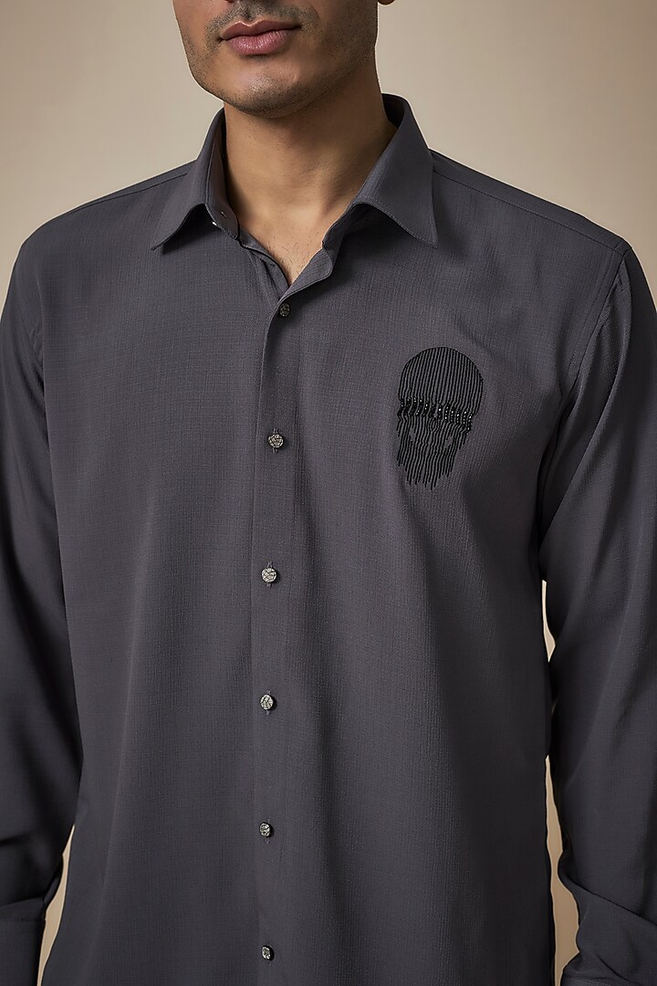 Grey Knitted Fabric Party Wear Shirt by Jayesh and Kaajal Shah Men at Pernia's Pop Up Shop