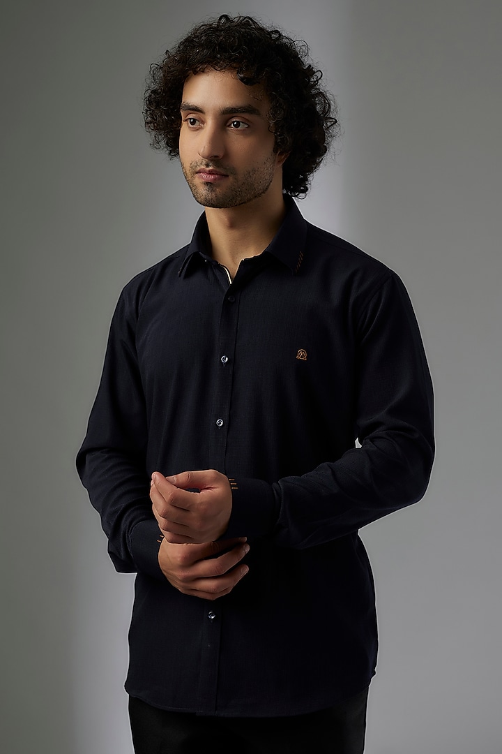 Black Knitted Fabric Shirt by Jayesh and Kaajal Shah