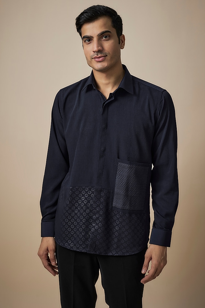 Navy Blue Knitted Fabric Shirt by Jayesh and Kaajal Shah