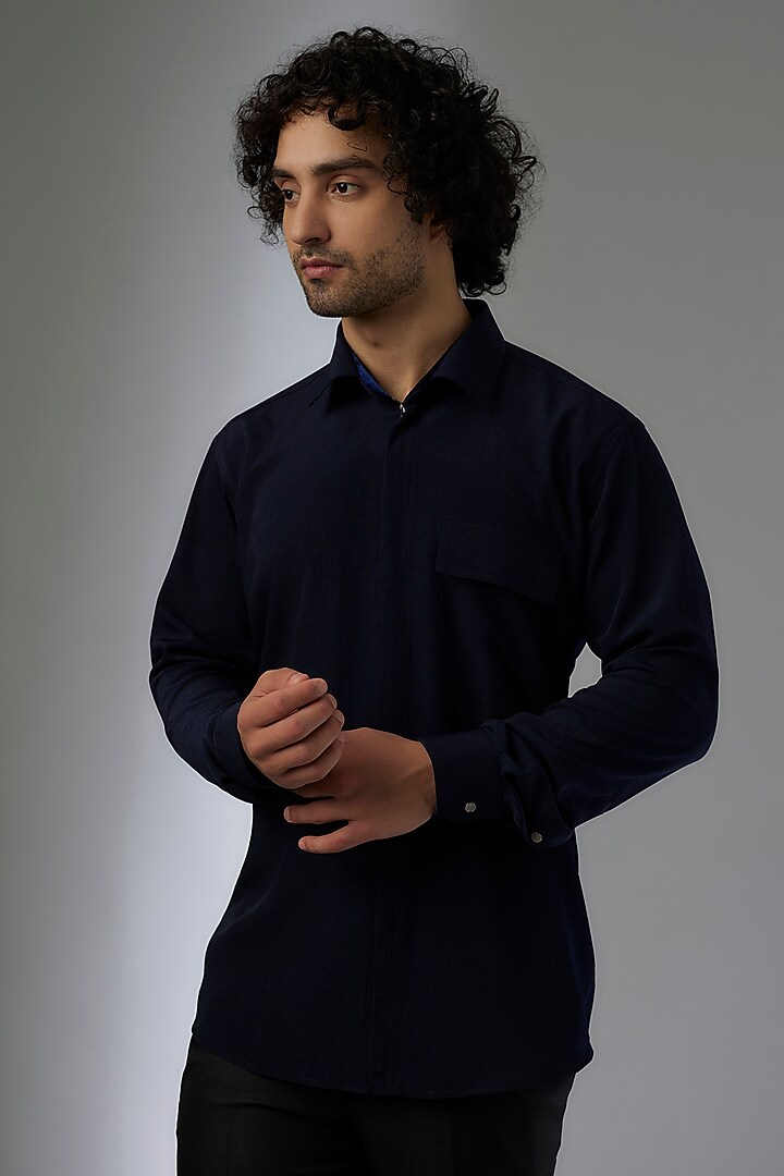 Black Knitted Fabric Shirt by Jayesh and Kaajal Shah