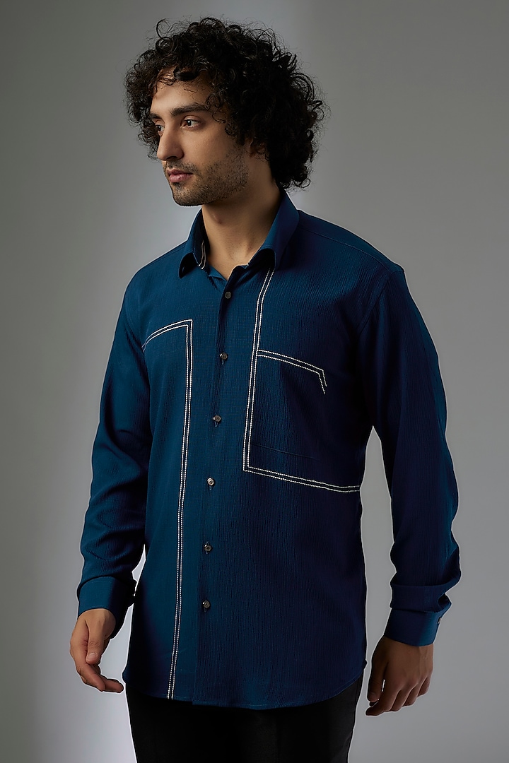 Blue Knitted Fabric Shirt by Jayesh and Kaajal Shah