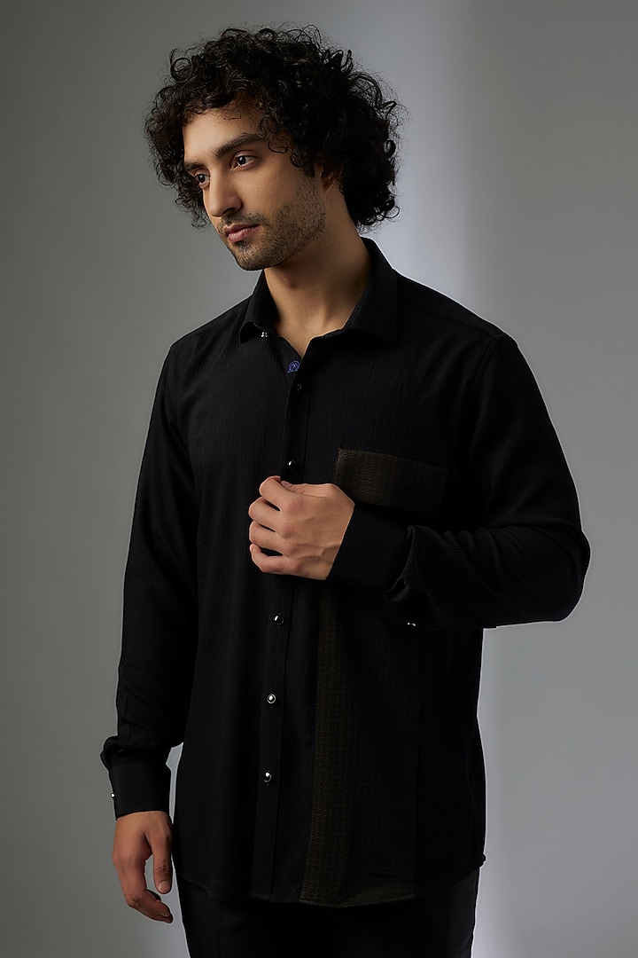 Black Knitted Fabric Shirt by Jayesh and Kaajal Shah