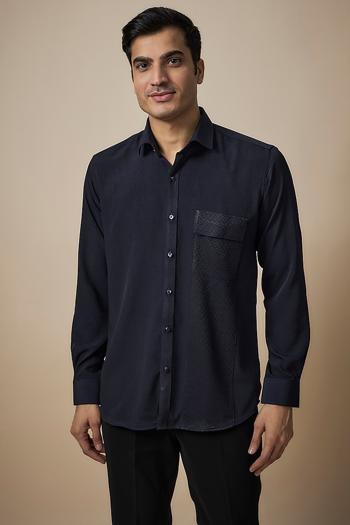 Navy Blue Knitted Fabric Shirt by Jayesh and Kaajal Shah