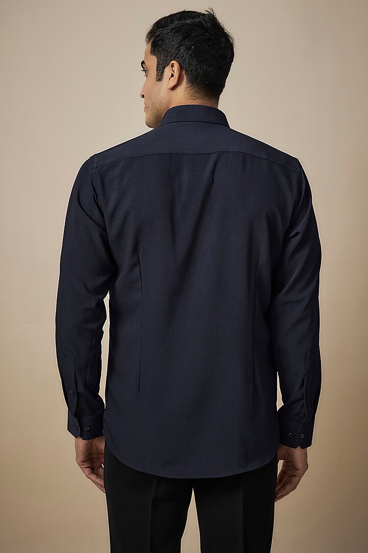Navy Blue Knitted Fabric Party Wear Shirt by Jayesh and Kaajal Shah Men at Pernia's Pop Up Shop