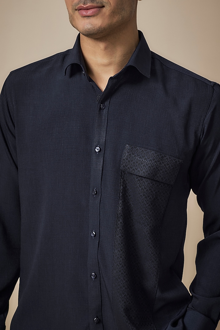 Navy Blue Knitted Fabric Party Wear Shirt by Jayesh and Kaajal Shah Men at Pernia's Pop Up Shop