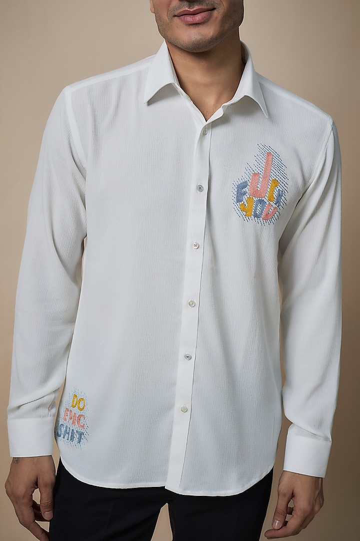 White Knitted Fabric Party Wear Shirt by Jayesh and Kaajal Shah Men at Pernia's Pop Up Shop