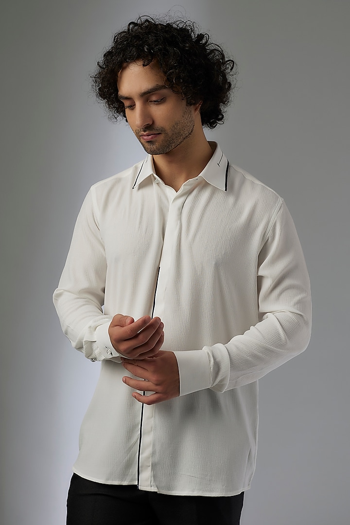 White Knitted Fabric Shirt by Jayesh and Kaajal Shah