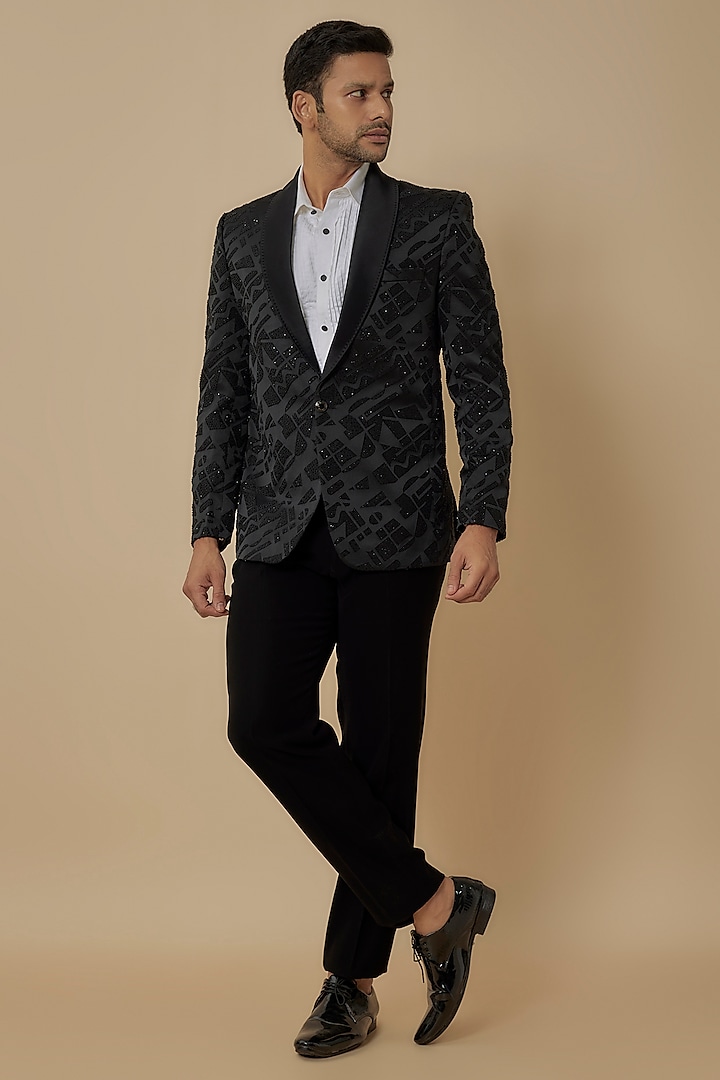 Black Polynosic Satin Bead Embroidered Tuxedo Set by Jayesh and Kaajal Shah