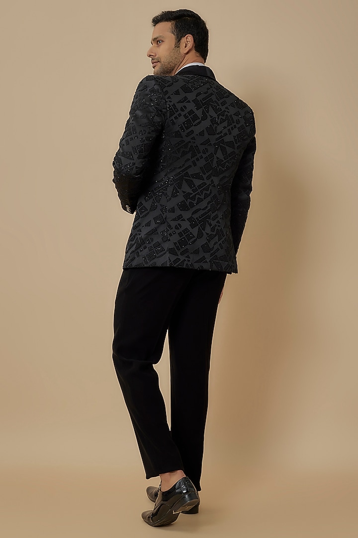 Black Polynosic Satin Bead Embroidered Tuxedo Set by Jayesh and Kaajal Shah Men at Pernia's Pop Up Shop