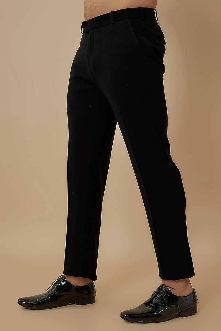 Black Polynosic Satin Bead Embroidered Tuxedo Set by Jayesh and Kaajal Shah Men at Pernia's Pop Up Shop