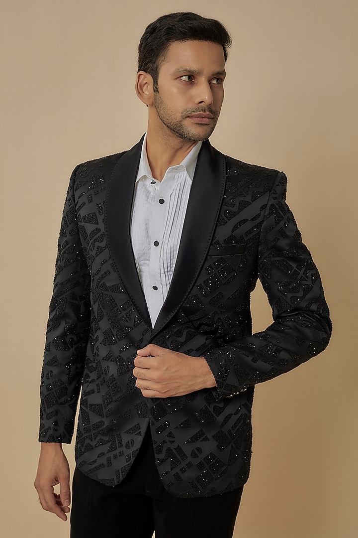 Black Polynosic Satin Bead Embroidered Tuxedo Set by Jayesh and Kaajal Shah Men at Pernia's Pop Up Shop