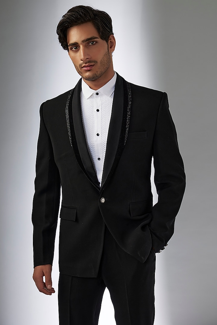 Black Terry Rayon Blazer Set by Jayesh and Kaajal Shah Men at Pernia's Pop Up Shop