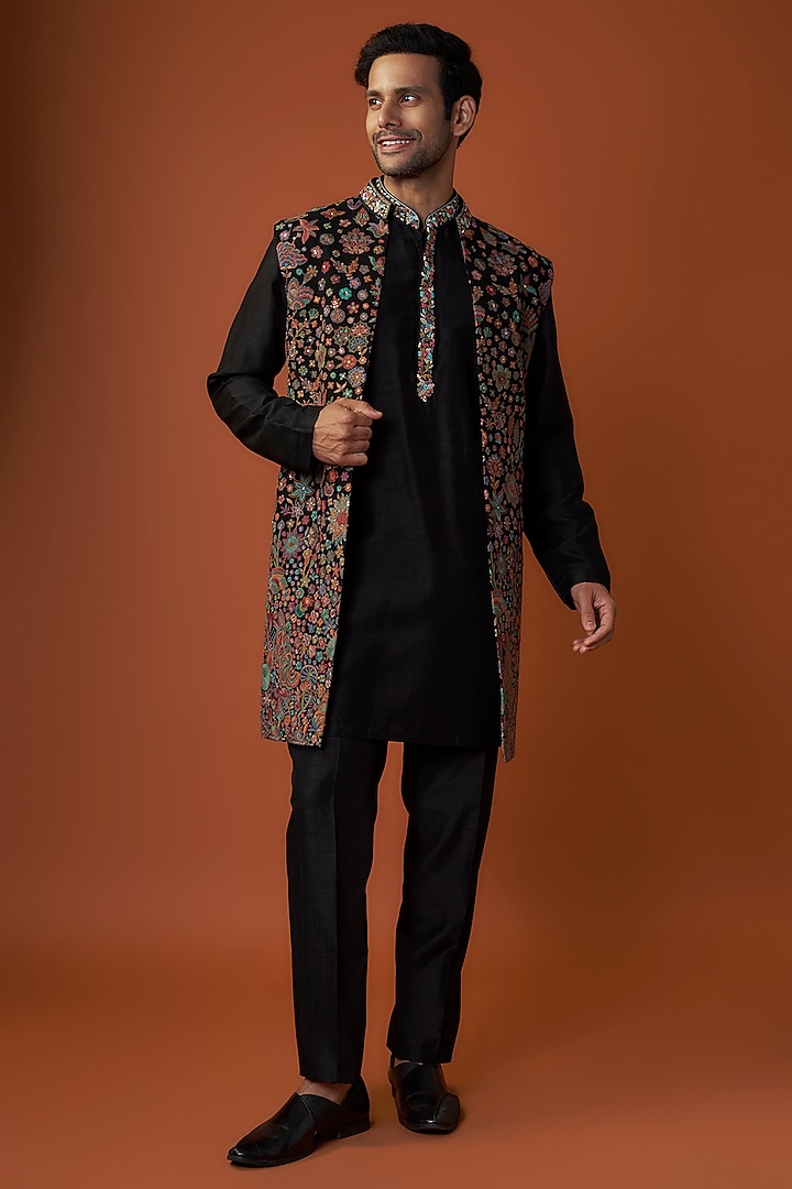 Black Terry Rayon Indowestern Set by Jayesh and Kaajal Shah at Pernia's Pop Up Shop