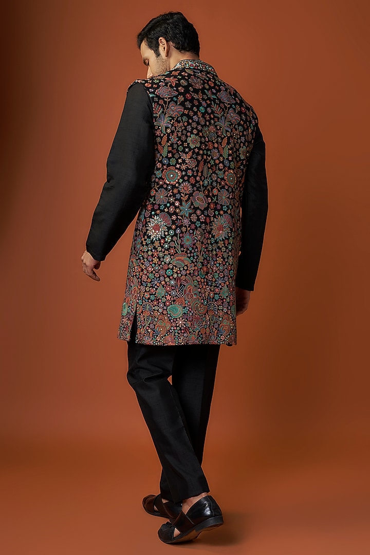 Black Terry Rayon Wedding Indowestern Set by Jayesh and Kaajal Shah Men at Pernia's Pop Up Shop