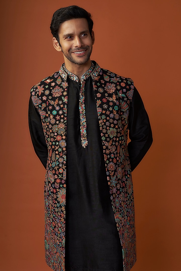 Black Terry Rayon Wedding Indowestern Set by Jayesh and Kaajal Shah Men at Pernia's Pop Up Shop