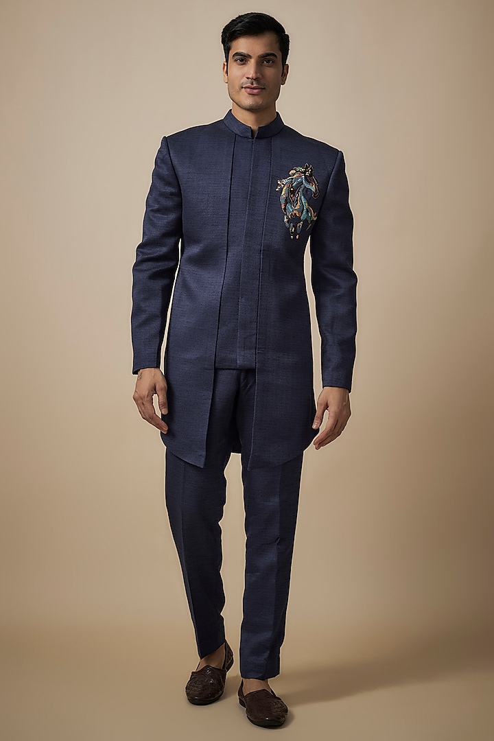 Navy Blue Terry Rayon Indo-Western Set by Jayesh and Kaajal Shah