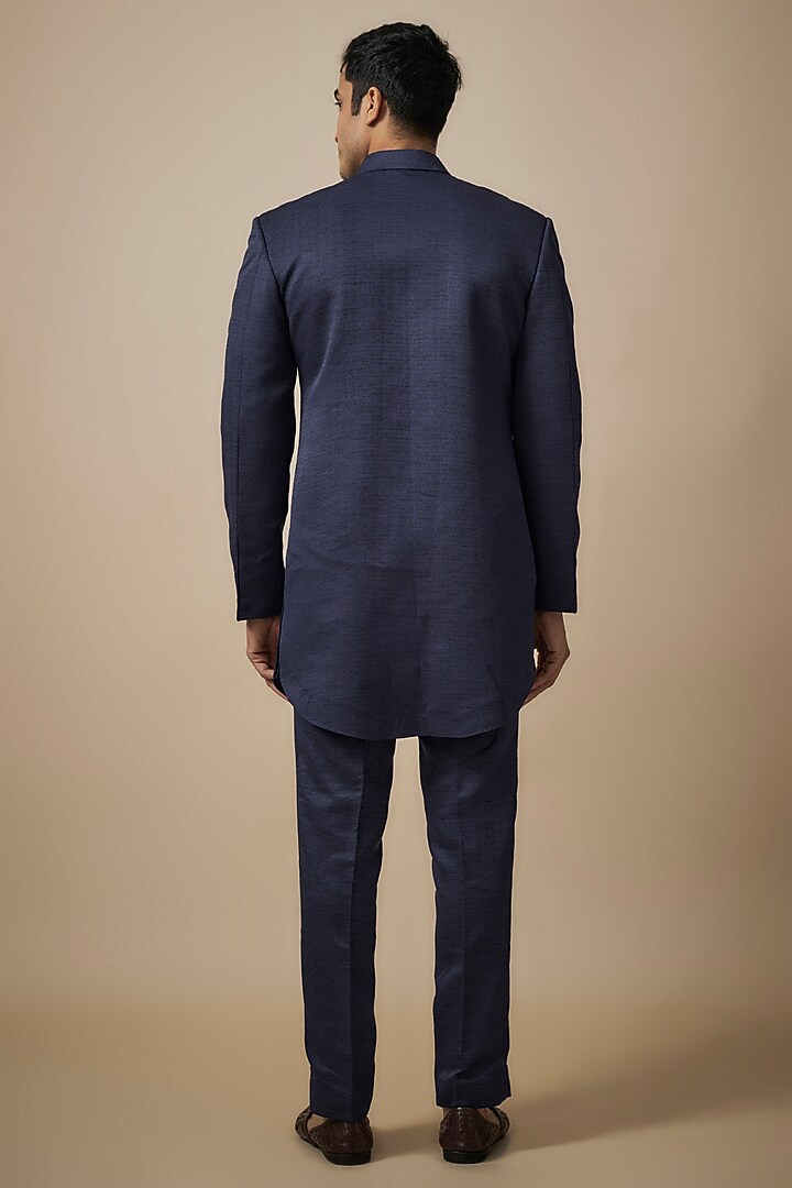 Navy Blue Terry Rayon Indo-Western Set by Jayesh and Kaajal Shah Men at Pernia's Pop Up Shop