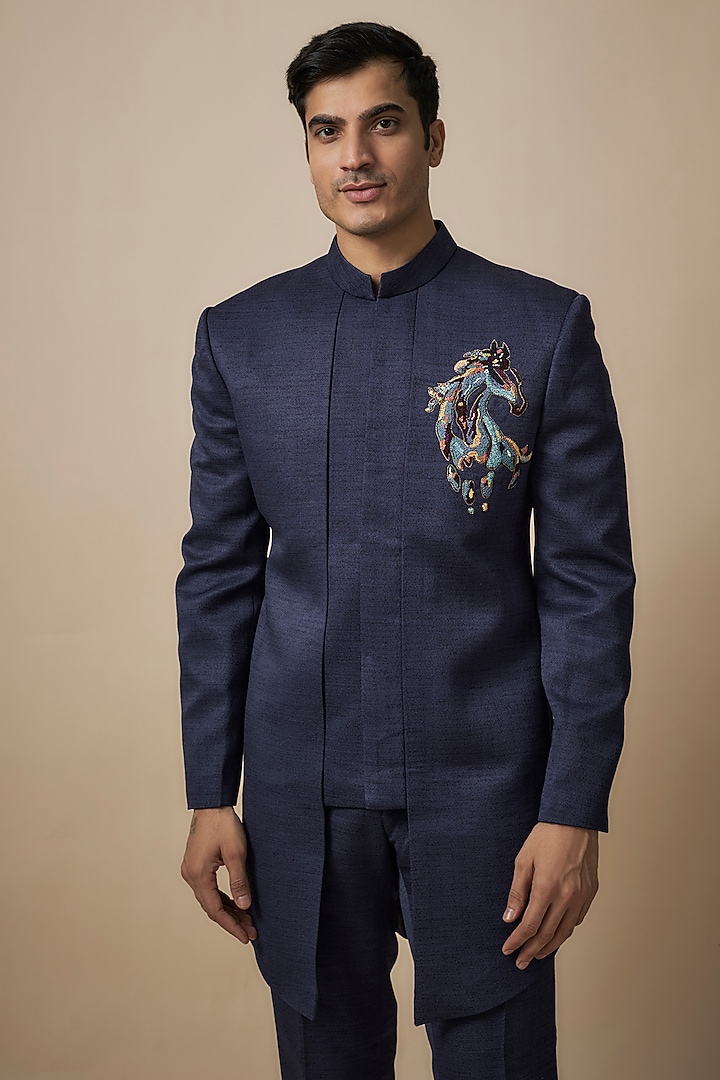 Navy Blue Terry Rayon Indo-Western Set by Jayesh and Kaajal Shah Men at Pernia's Pop Up Shop