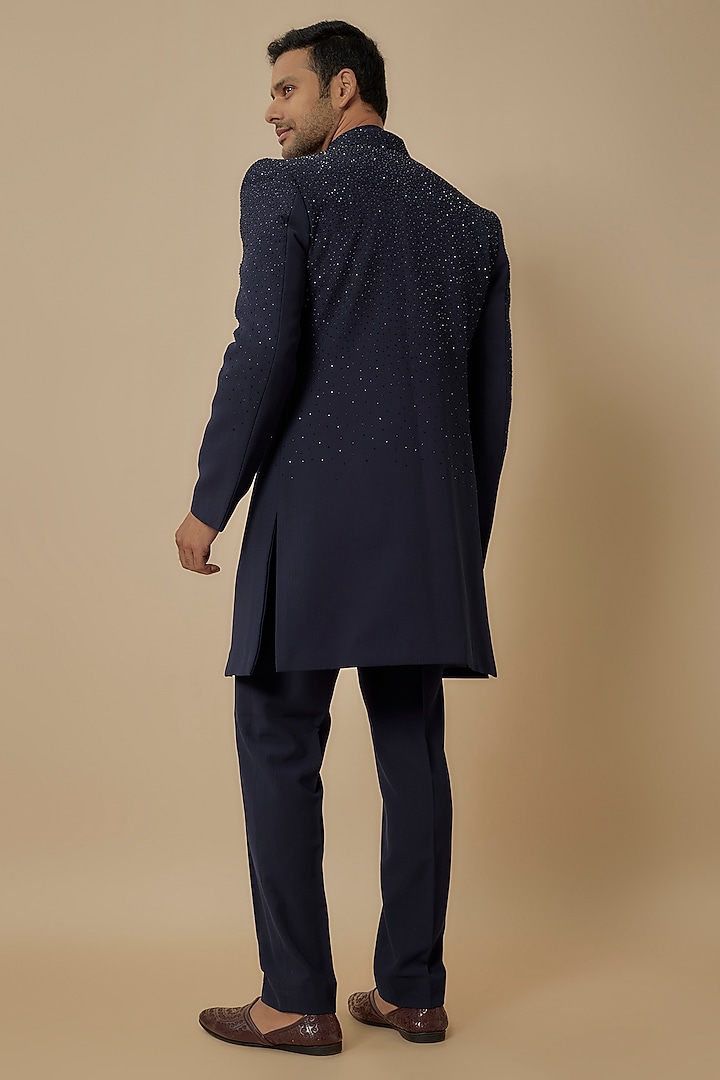 Navy Blue Silk Bead Embroidered Indo-Western Set by Jayesh and Kaajal Shah Men at Pernia's Pop Up Shop