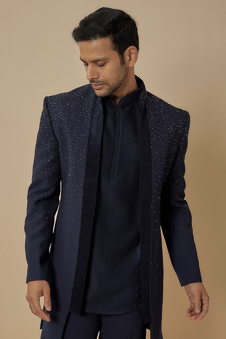 Navy Blue Silk Bead Embroidered Indo-Western Set by Jayesh and Kaajal Shah Men at Pernia's Pop Up Shop