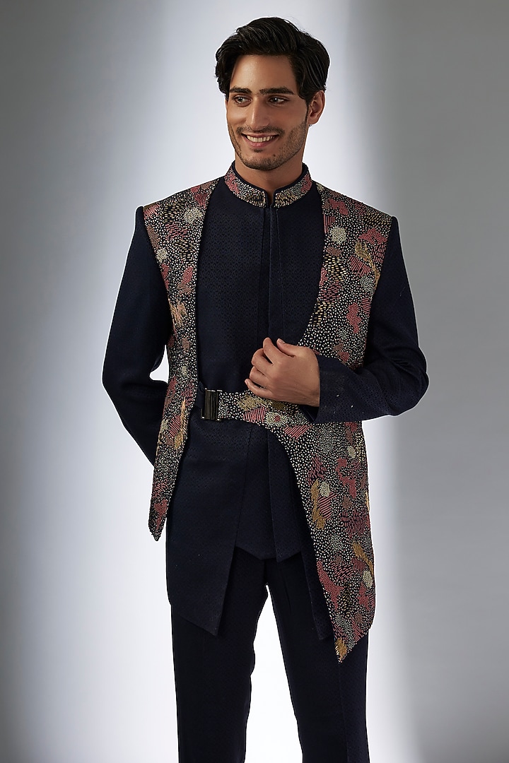 Blue Polyester Wedding Indowestern Set by Jayesh and Kaajal Shah Men at Pernia's Pop Up Shop