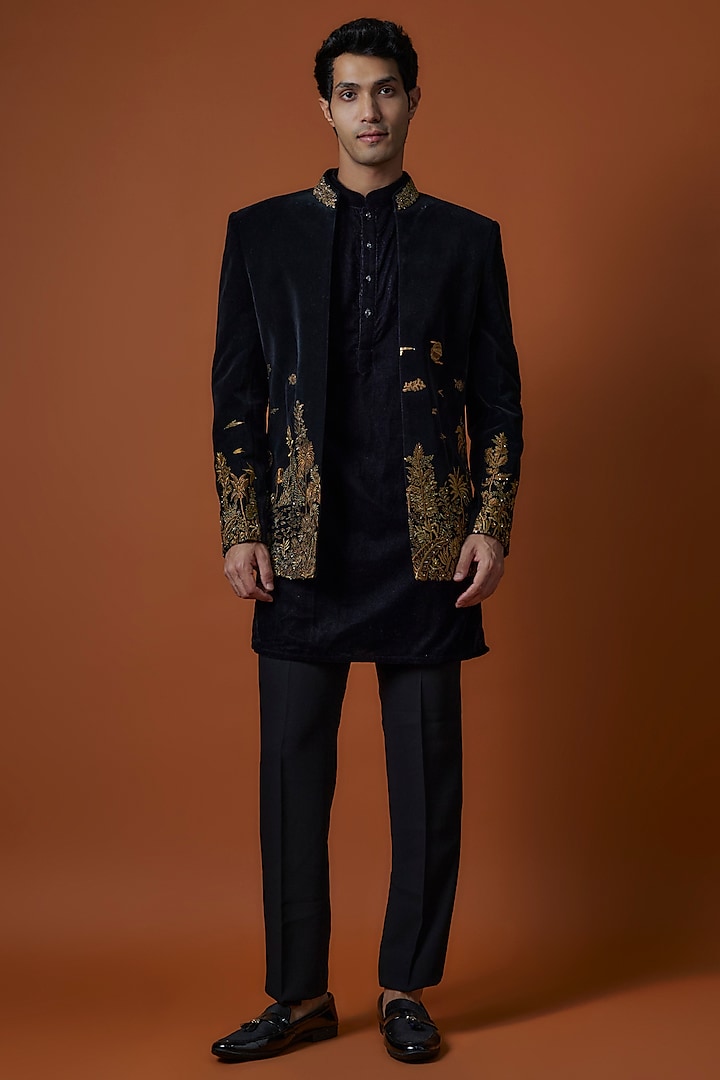 Black Velvet Embroidered Indowestern Set by Jayesh and Kaajal Shah at Pernia's Pop Up Shop