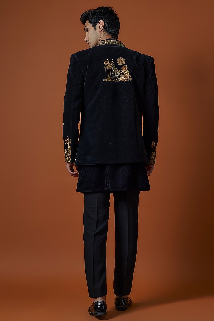 Black Velvet Embroidered Wedding Indowestern Set by Jayesh and Kaajal Shah Men at Pernia's Pop Up Shop