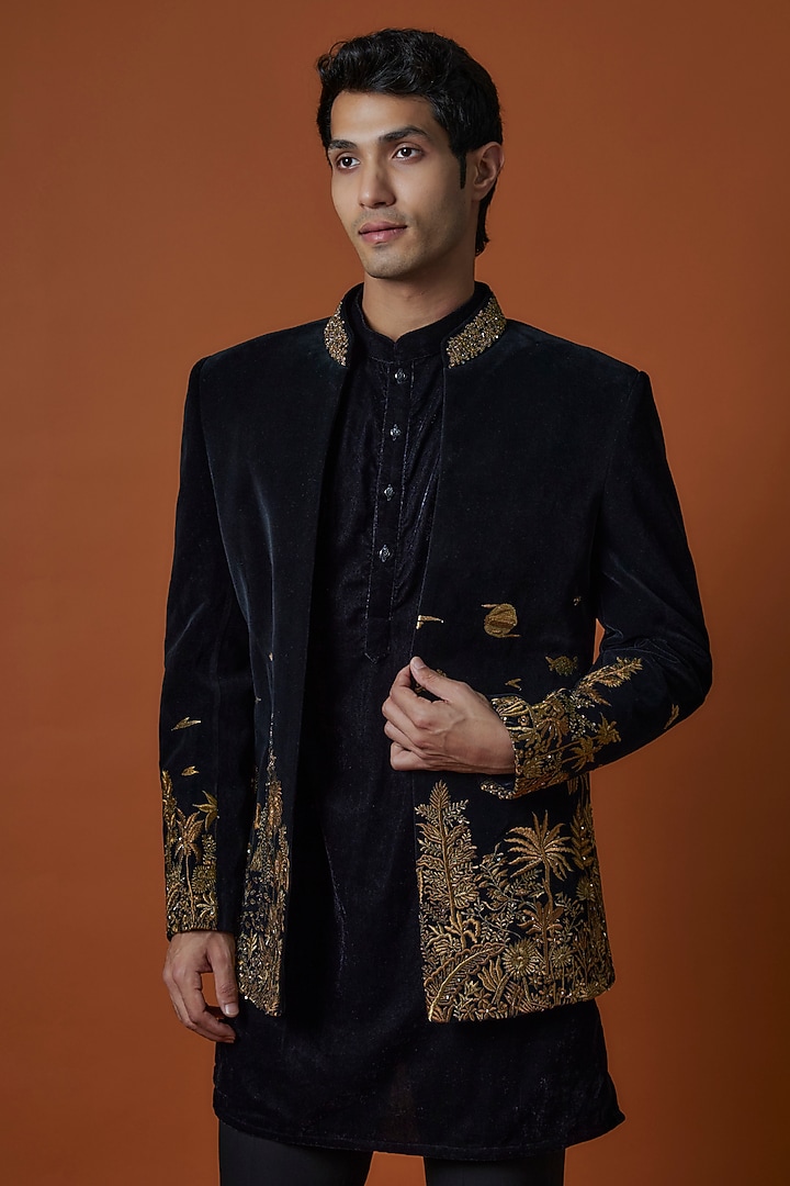 Black Velvet Embroidered Wedding Indowestern Set by Jayesh and Kaajal Shah Men at Pernia's Pop Up Shop