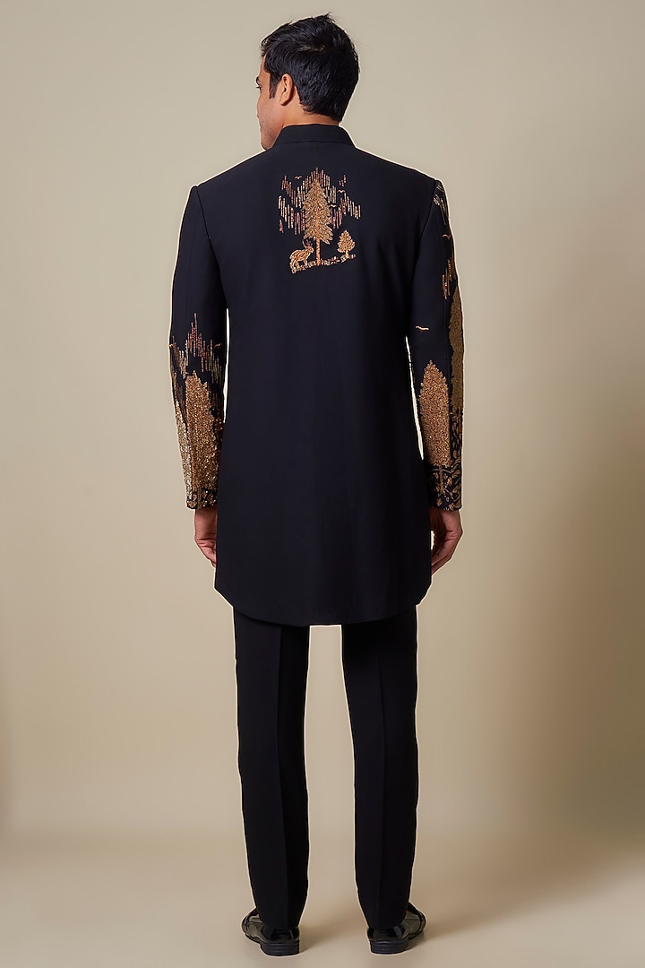 Black Polyester Groom Indowestern Set by Jayesh and Kaajal Shah Men at Pernia's Pop Up Shop