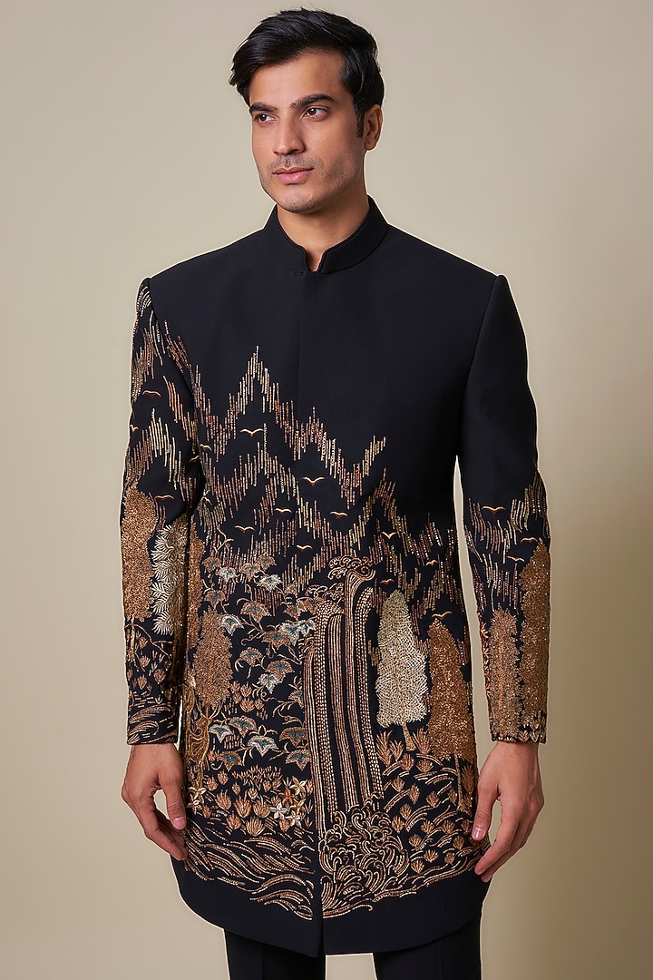 Black Polyester Groom Indowestern Set by Jayesh and Kaajal Shah Men at Pernia's Pop Up Shop