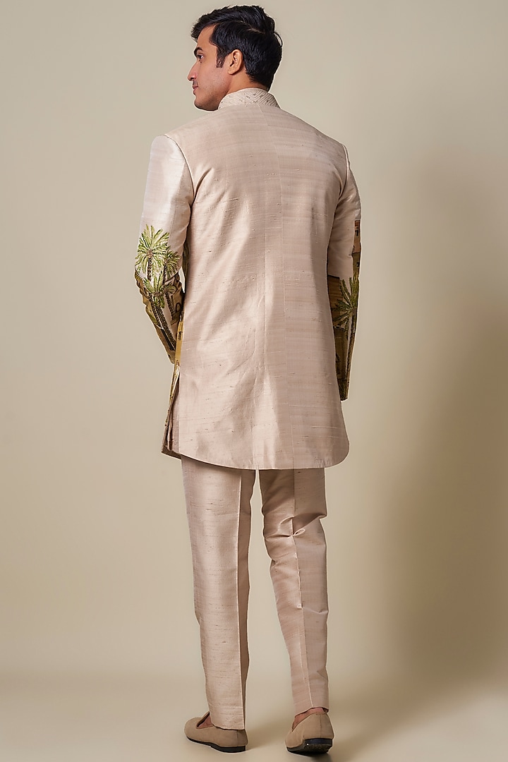 Beige Raw Silk Groom Indowestern Set by Jayesh and Kaajal Shah Men at Pernia's Pop Up Shop