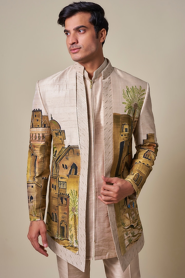 Beige Raw Silk Groom Indowestern Set by Jayesh and Kaajal Shah Men at Pernia's Pop Up Shop