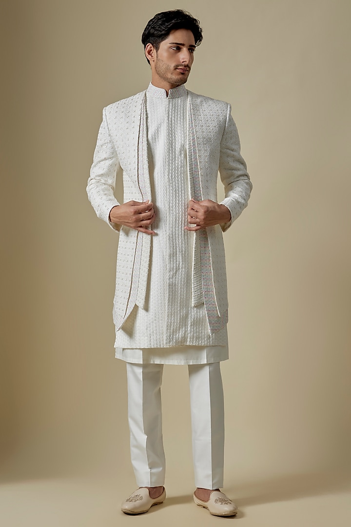 Cream Lucknowi Open Sherwani Set by Jayesh and Kaajal Shah