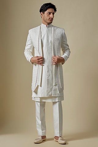 Cream Lucknowi Open Sherwani Set by Jayesh and Kaajal Shah Men