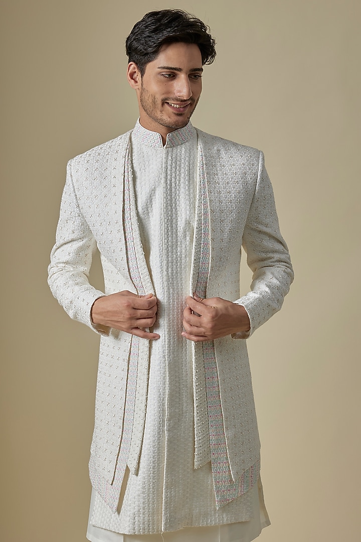 Cream Lucknowi Open Groom Sherwani Set by Jayesh and Kaajal Shah Men at Pernia's Pop Up Shop