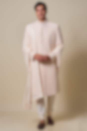 Peach Silk Sherwani Set by Jayesh and Kaajal Shah