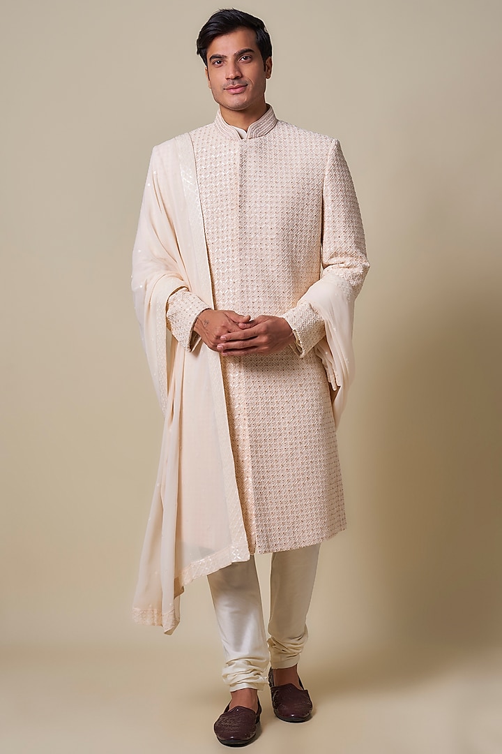 Peach Silk Sherwani Set by Jayesh and Kaajal Shah