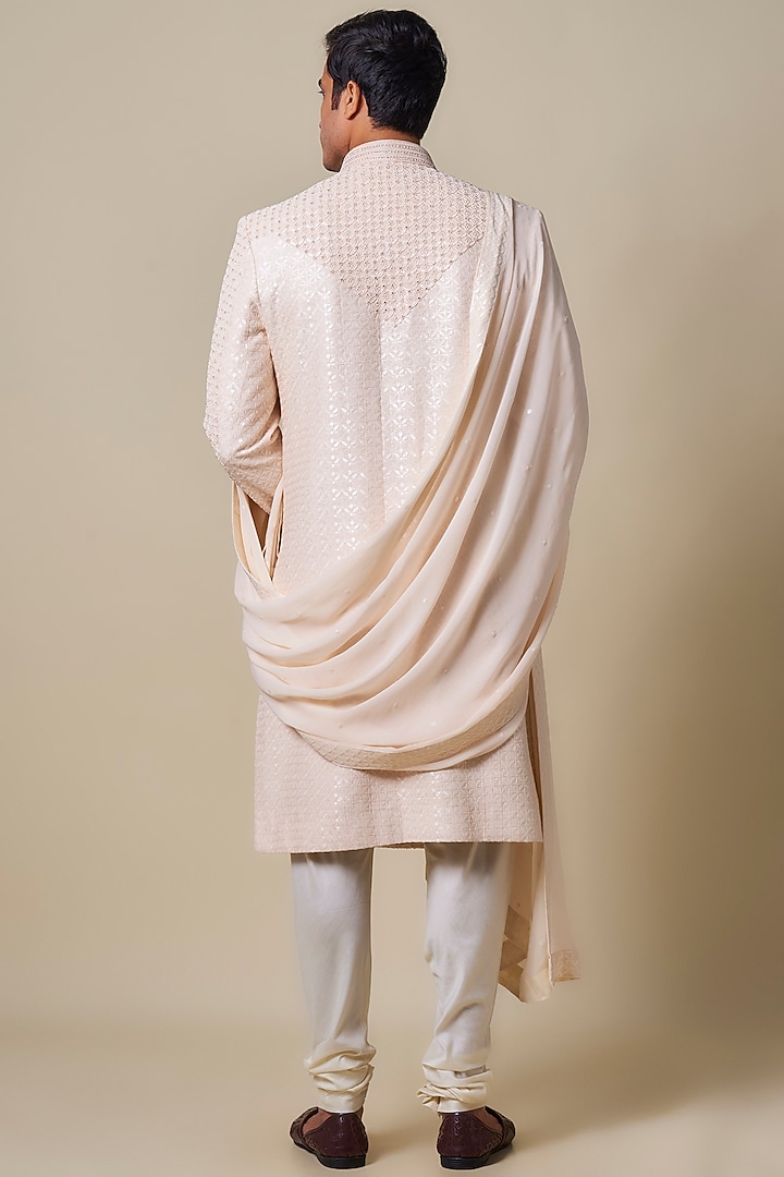 Peach Silk Groom Sherwani Set by Jayesh and Kaajal Shah Men at Pernia's Pop Up Shop