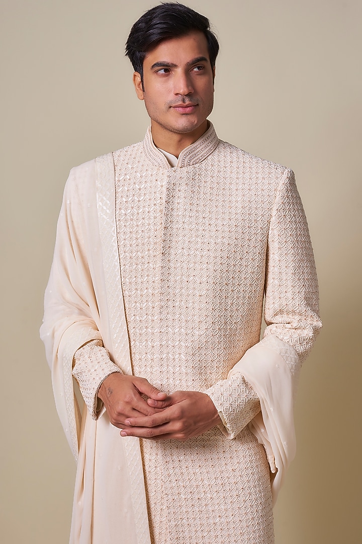 Peach Silk Groom Sherwani Set by Jayesh and Kaajal Shah Men at Pernia's Pop Up Shop