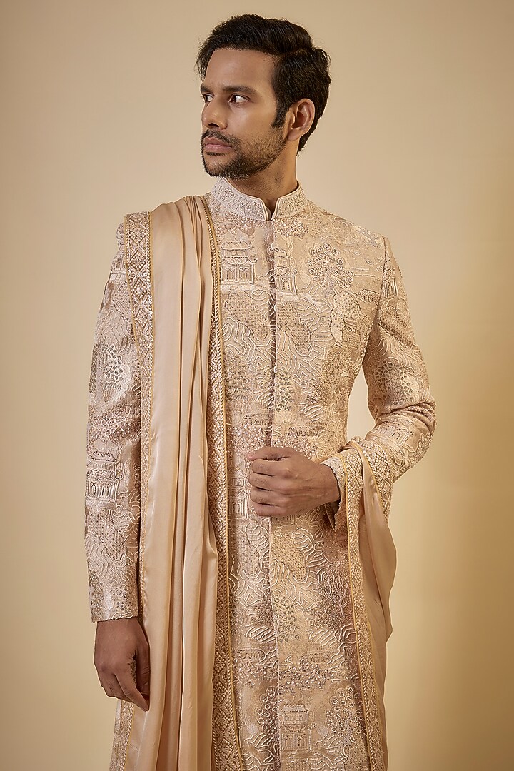 Champagne Gold Lucknowi Sherwani Set by Jayesh and Kaajal Shah Men at Pernia's Pop Up Shop